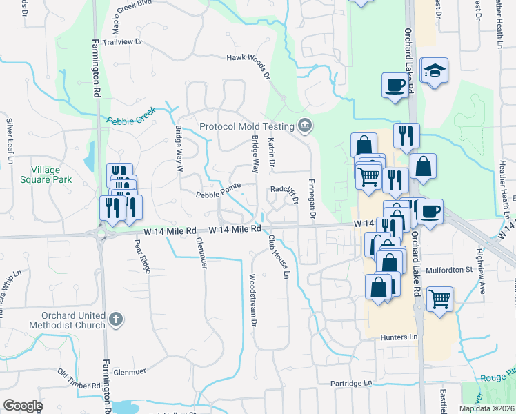 map of restaurants, bars, coffee shops, grocery stores, and more near 7426 Bridge Way in West Bloomfield Township