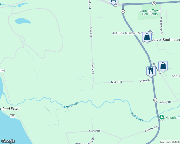 map of restaurants, bars, coffee shops, grocery stores, and more near 122 Drake Road in Lansing