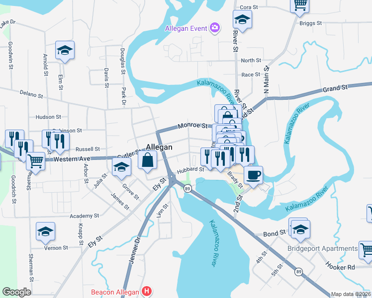 map of restaurants, bars, coffee shops, grocery stores, and more near 245 Cutler Street in Allegan