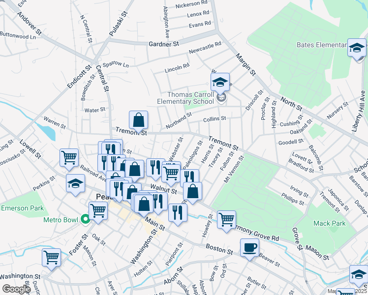 map of restaurants, bars, coffee shops, grocery stores, and more near 49 Tremont Street in Peabody