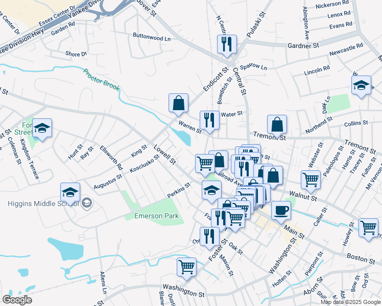 map of restaurants, bars, coffee shops, grocery stores, and more near 16 Crowninshield Street in Peabody