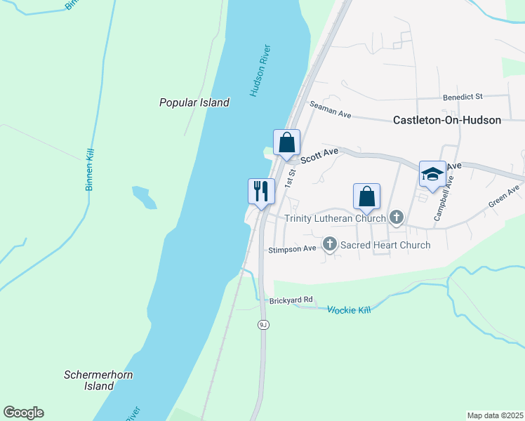 map of restaurants, bars, coffee shops, grocery stores, and more near 82 South Main Street in Castleton-on-Hudson