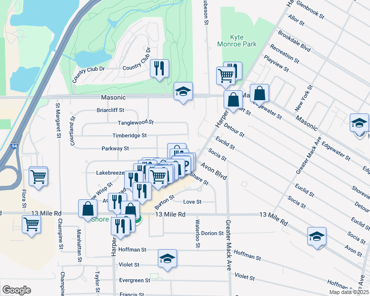 map of restaurants, bars, coffee shops, grocery stores, and more near 107 Sunset Lane in St. Clair Shores