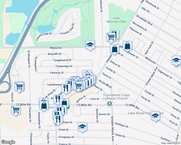 map of restaurants, bars, coffee shops, grocery stores, and more near 107 Sunset Lane in St. Clair Shores