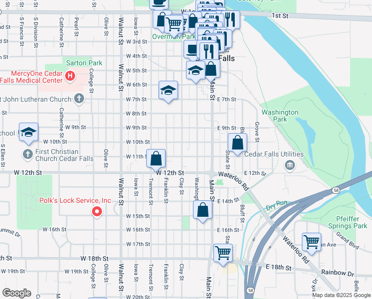 map of restaurants, bars, coffee shops, grocery stores, and more near 1004 Clay Street in Cedar Falls
