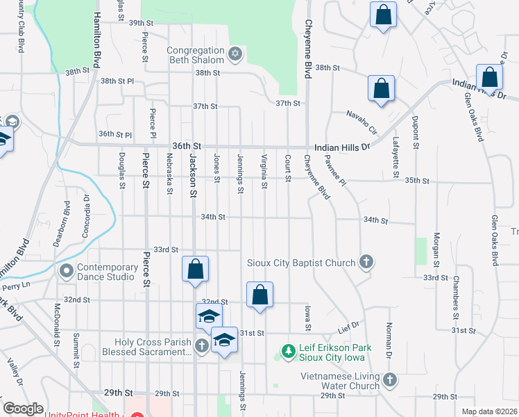 map of restaurants, bars, coffee shops, grocery stores, and more near 3422 Jennings Street in Sioux City