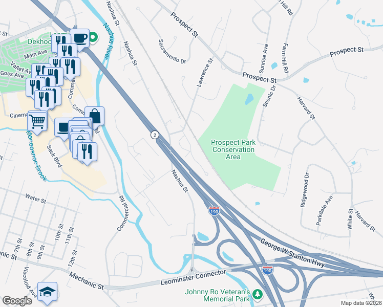 map of restaurants, bars, coffee shops, grocery stores, and more near Mahogany Run in Leominster