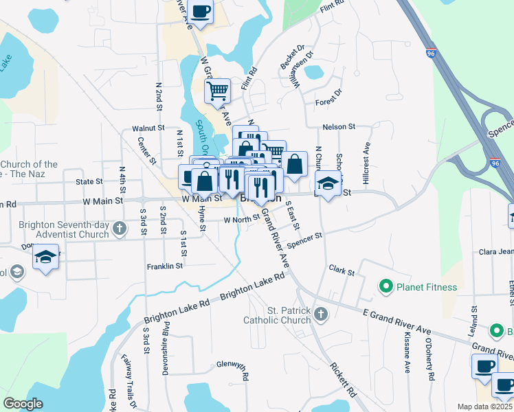 map of restaurants, bars, coffee shops, grocery stores, and more near 10315 Grand River Avenue in Brighton