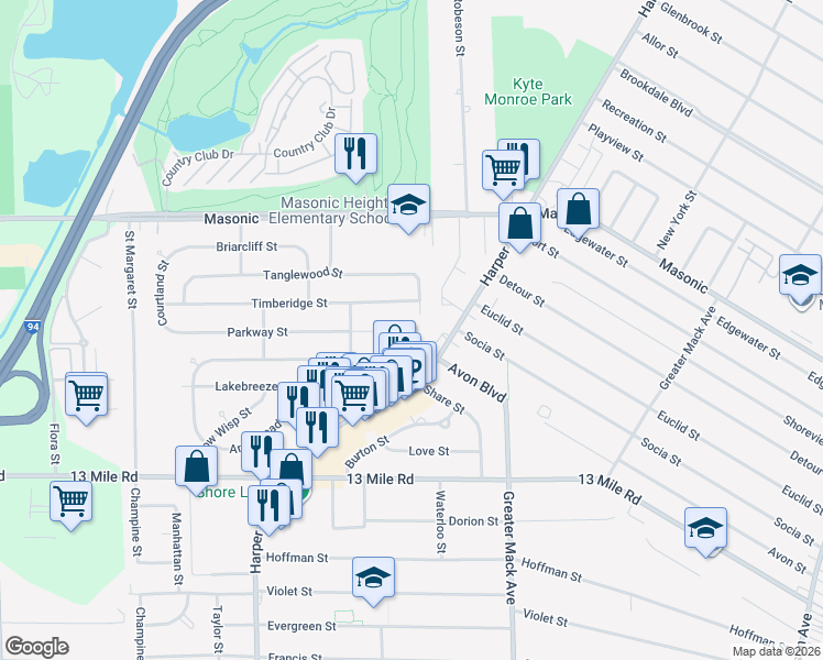 map of restaurants, bars, coffee shops, grocery stores, and more near 107 Sunset Lane in St. Clair Shores