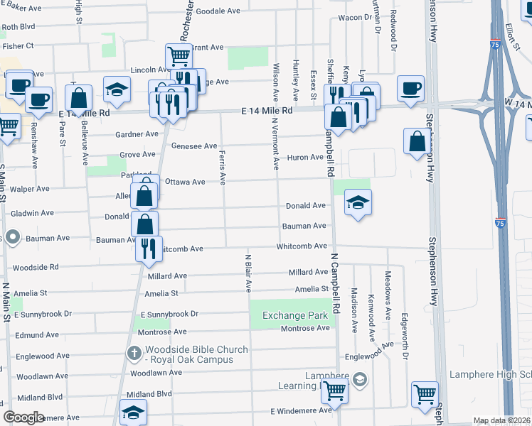 map of restaurants, bars, coffee shops, grocery stores, and more near 1305 Donald Avenue in Royal Oak