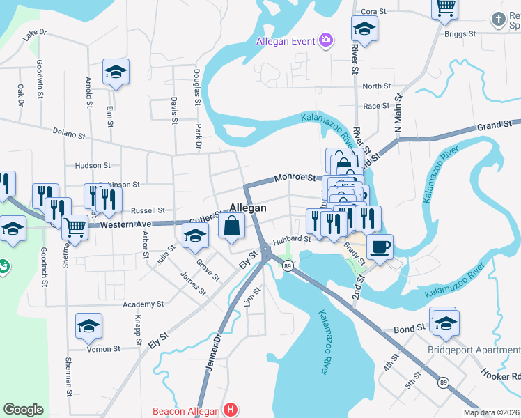 map of restaurants, bars, coffee shops, grocery stores, and more near 323 Cutler Street in Allegan