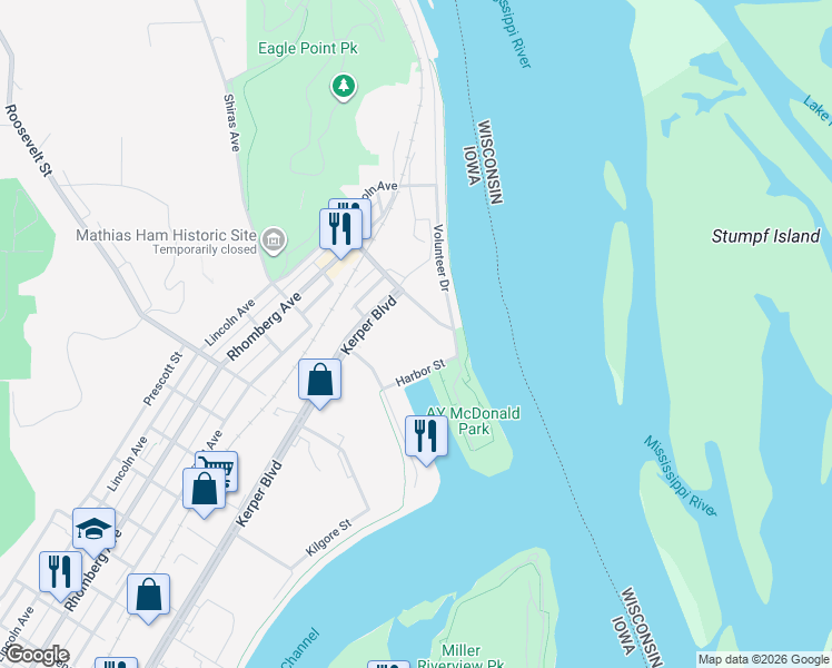 map of restaurants, bars, coffee shops, grocery stores, and more near 1701-1799 Hawthorne St in Dubuque