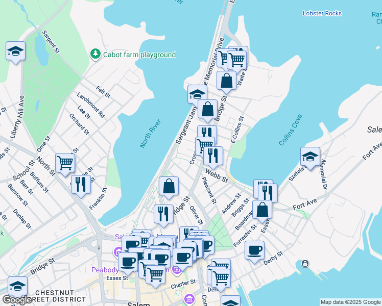 map of restaurants, bars, coffee shops, grocery stores, and more near 8 Cross Street Court in Salem