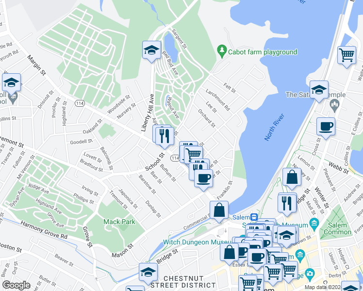 map of restaurants, bars, coffee shops, grocery stores, and more near 35 Walter Street in Salem
