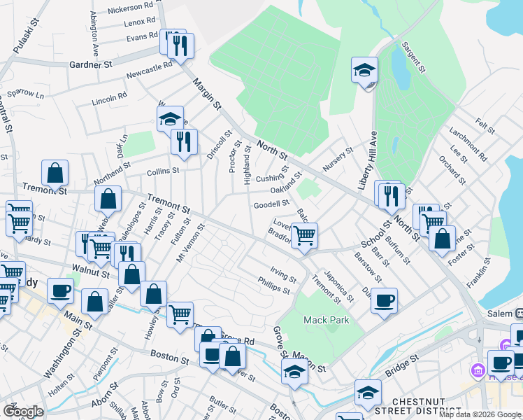 map of restaurants, bars, coffee shops, grocery stores, and more near 24 Goodell Street in Salem