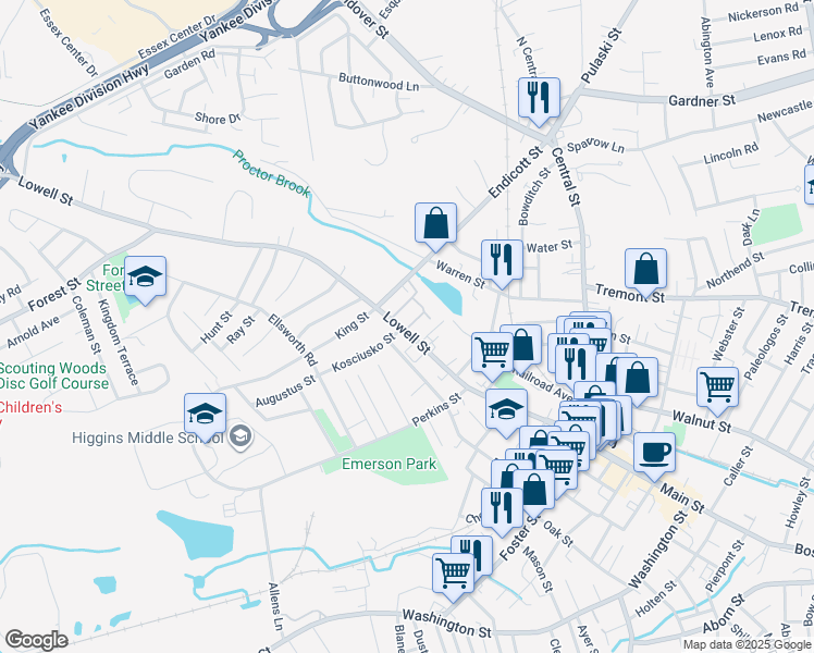 map of restaurants, bars, coffee shops, grocery stores, and more near 133 Lowell Street in Peabody