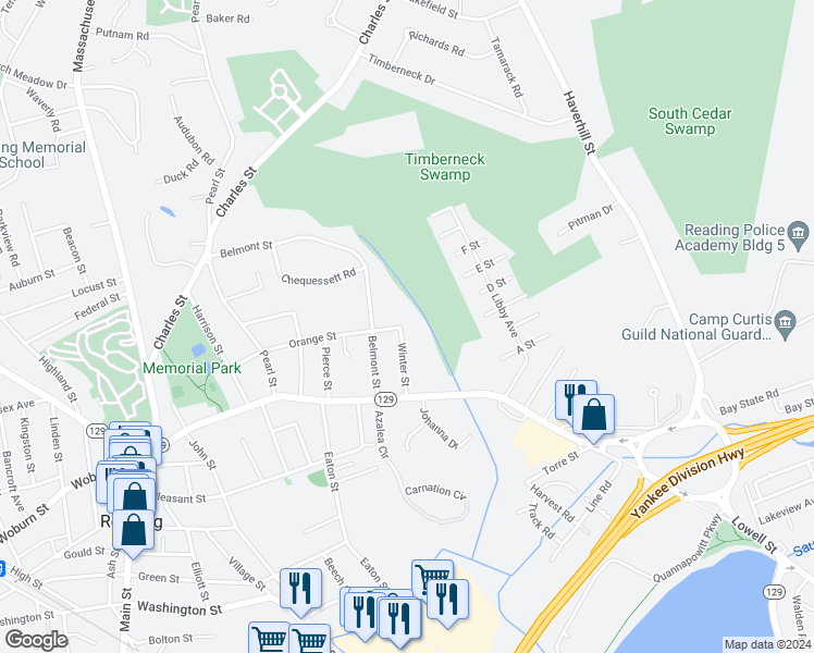 map of restaurants, bars, coffee shops, grocery stores, and more near 106 Orange Street in Reading
