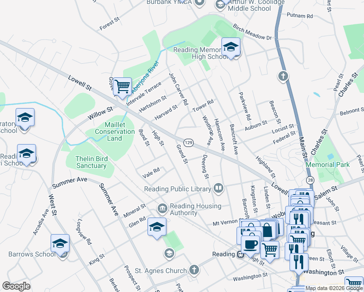 map of restaurants, bars, coffee shops, grocery stores, and more near 193 Massachusetts 129 in Reading