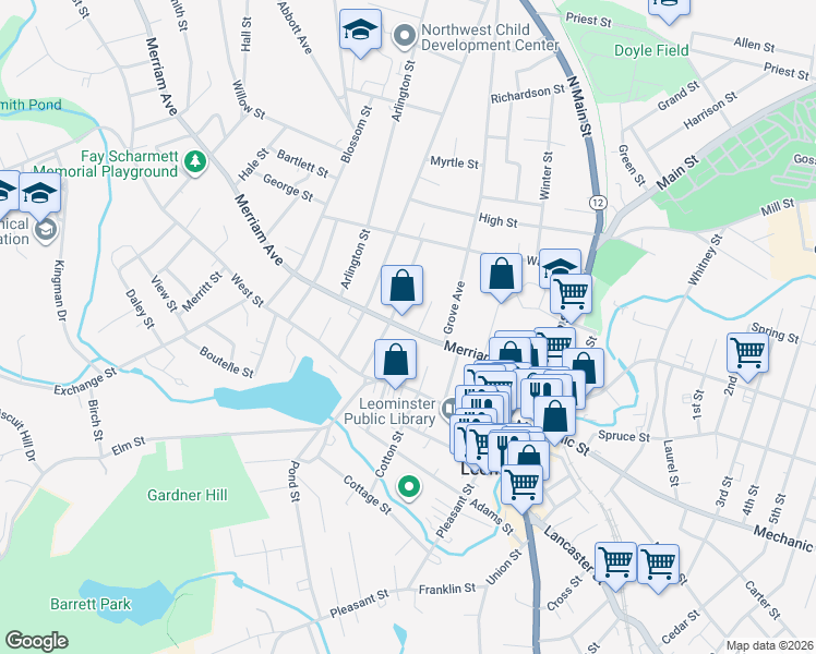 map of restaurants, bars, coffee shops, grocery stores, and more near 14 Foster Court in Leominster