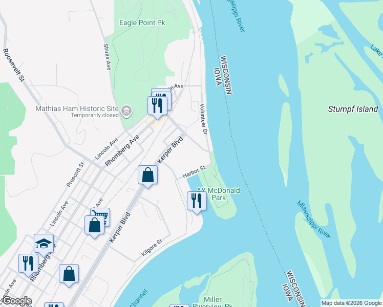 map of restaurants, bars, coffee shops, grocery stores, and more near 1701-1799 Hawthorne St in Dubuque