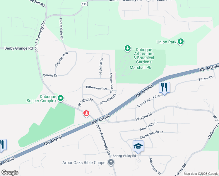 map of restaurants, bars, coffee shops, grocery stores, and more near 3321 Arrowwood Ln in Dubuque