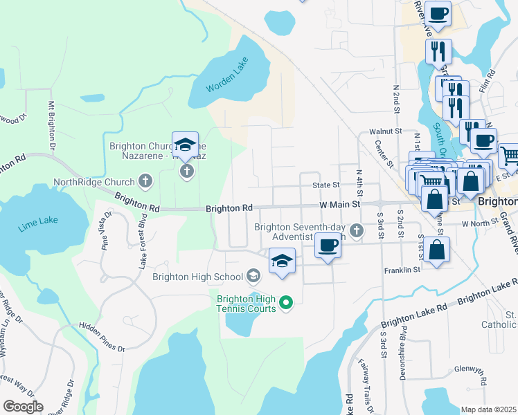 map of restaurants, bars, coffee shops, grocery stores, and more near 7878 Brighton Road in Brighton