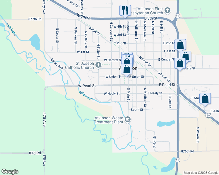 map of restaurants, bars, coffee shops, grocery stores, and more near 200-298 West Pearl Street in Atkinson