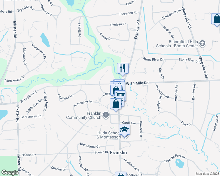 map of restaurants, bars, coffee shops, grocery stores, and more near 26285 West 14 Mile Road in Franklin