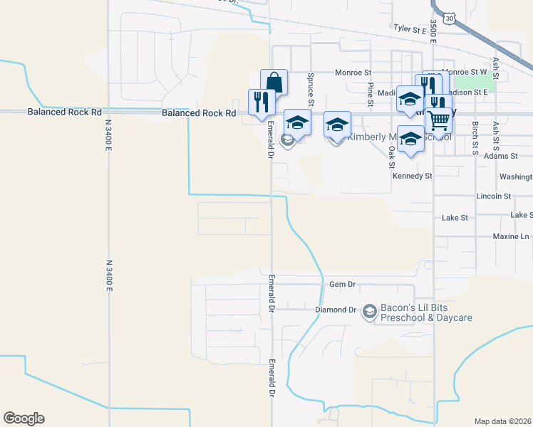 map of restaurants, bars, coffee shops, grocery stores, and more near 3673 North 3450 East in Kimberly