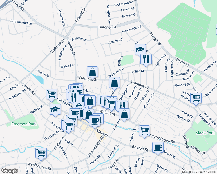 map of restaurants, bars, coffee shops, grocery stores, and more near 71 Wallis Street in Peabody