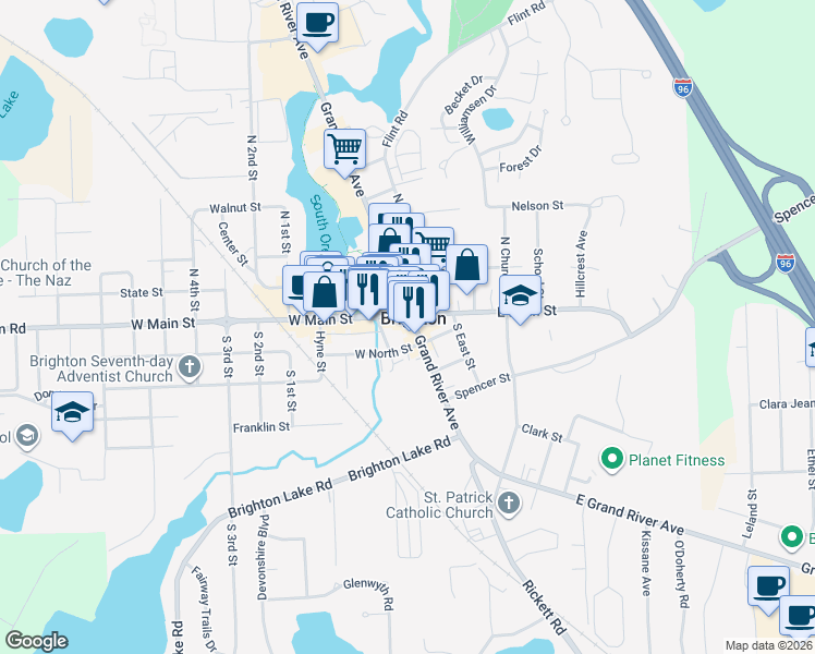 map of restaurants, bars, coffee shops, grocery stores, and more near 10315 Grand River Avenue in Brighton