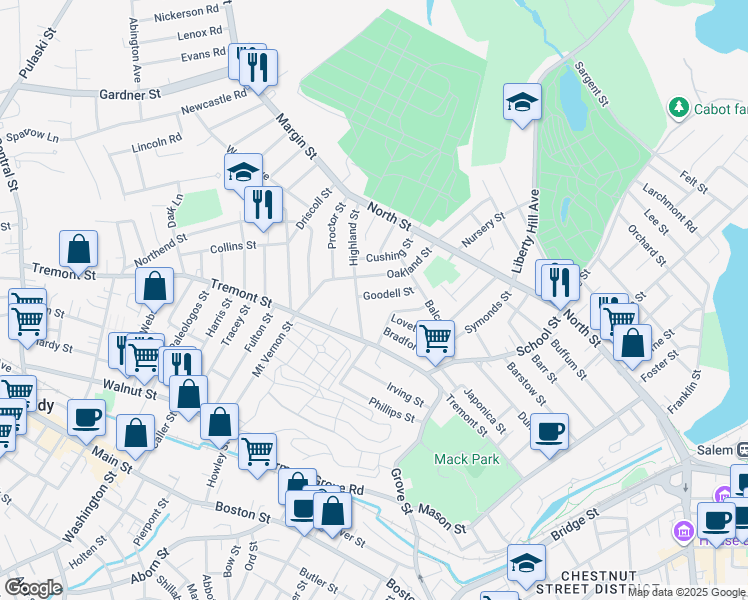 map of restaurants, bars, coffee shops, grocery stores, and more near 21 Goodell Street in Salem