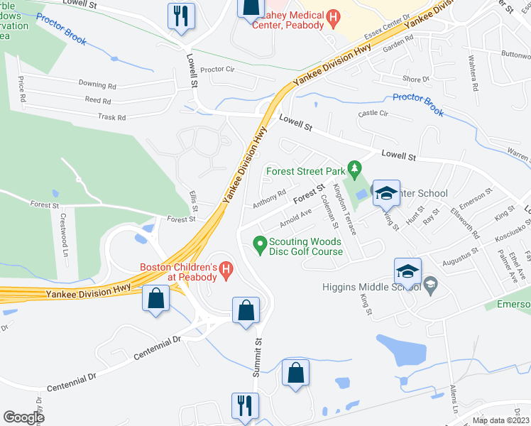 map of restaurants, bars, coffee shops, grocery stores, and more near 41 Forest Street in Peabody