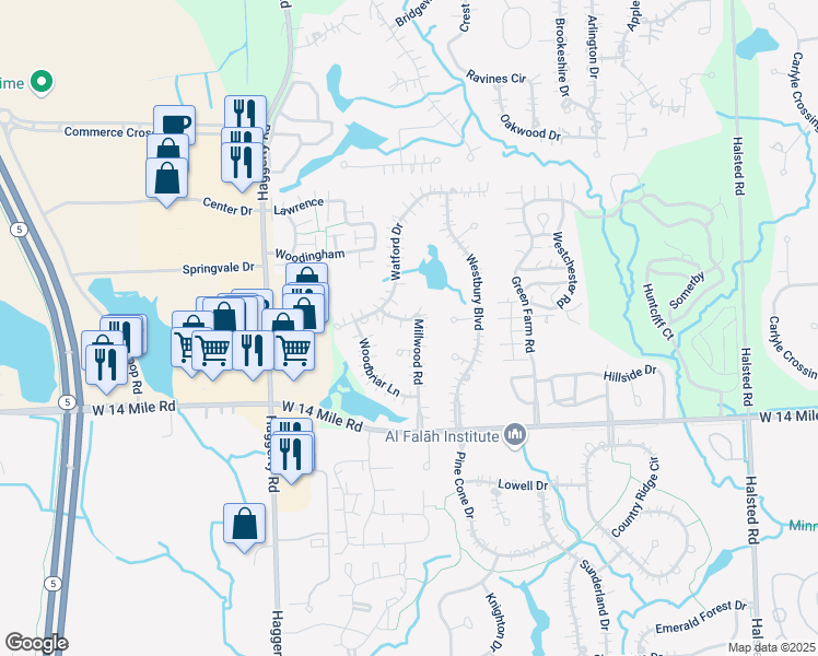 map of restaurants, bars, coffee shops, grocery stores, and more near 7369 Millwood Road in West Bloomfield Township