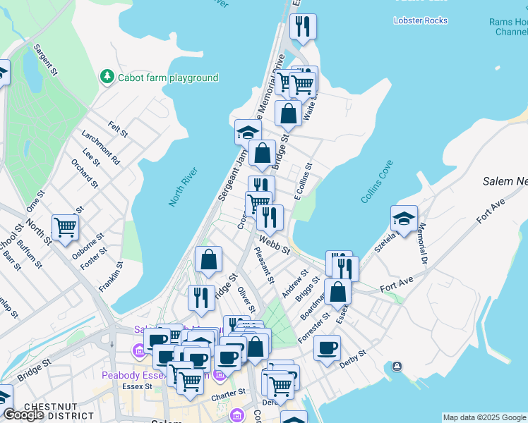 map of restaurants, bars, coffee shops, grocery stores, and more near 96 Bridge Street in Salem