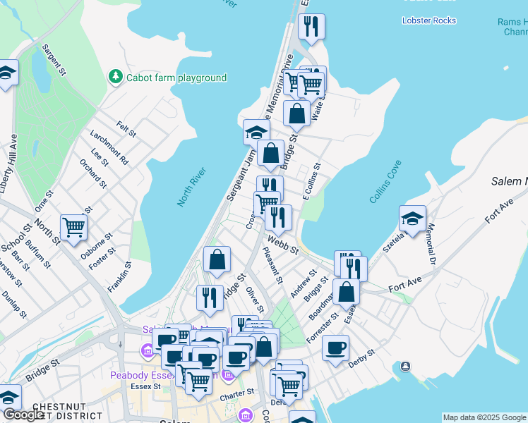 map of restaurants, bars, coffee shops, grocery stores, and more near 96 Bridge Street in Salem