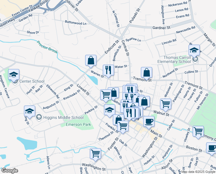 map of restaurants, bars, coffee shops, grocery stores, and more near 15 Crowninshield Street in Peabody