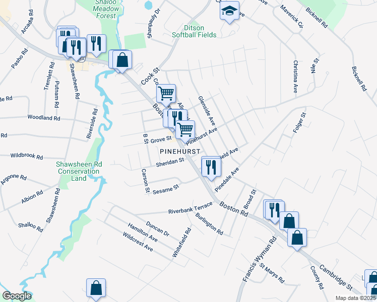 map of restaurants, bars, coffee shops, grocery stores, and more near in Billerica