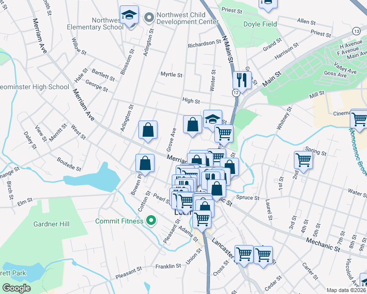 map of restaurants, bars, coffee shops, grocery stores, and more near 73 Church Street in Leominster