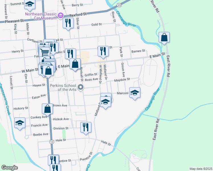 map of restaurants, bars, coffee shops, grocery stores, and more near 4 Maydole Street in Norwich