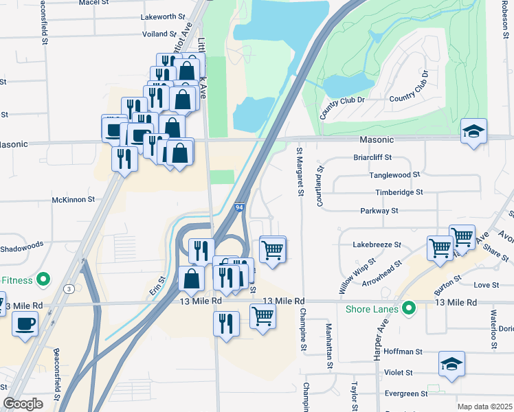 map of restaurants, bars, coffee shops, grocery stores, and more near 22981 Farmington Road in Farmington