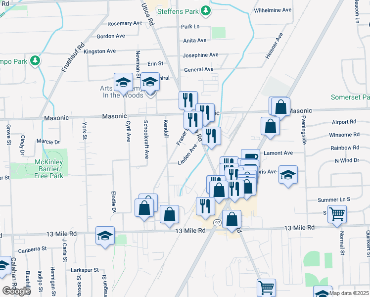 map of restaurants, bars, coffee shops, grocery stores, and more near 31741 Linden Avenue in Fraser