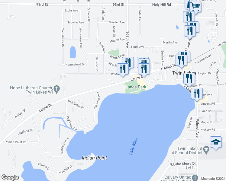 map of restaurants, bars, coffee shops, grocery stores, and more near 147 Lance Drive in Twin Lakes