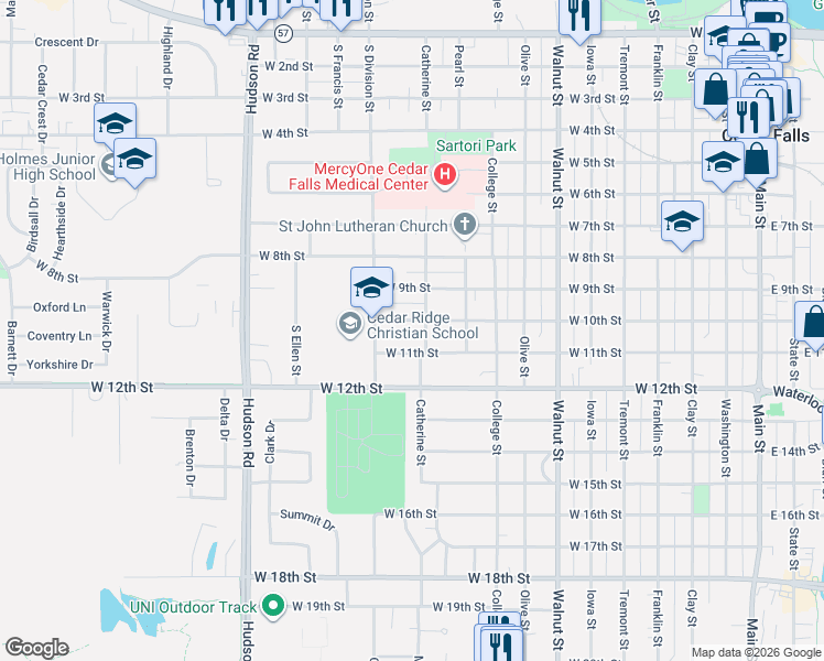 map of restaurants, bars, coffee shops, grocery stores, and more near 1000-1004 Catherine Street in Cedar Falls