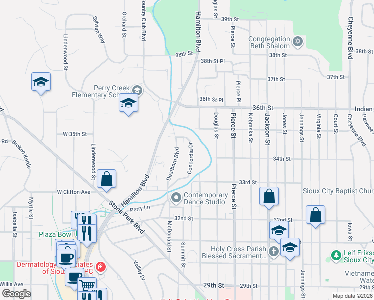 map of restaurants, bars, coffee shops, grocery stores, and more near 3401-3499 Concordia Drive in Sioux City