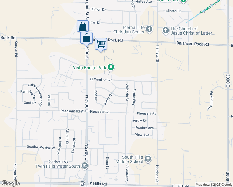 map of restaurants, bars, coffee shops, grocery stores, and more near 225 Cordova Avenue in Twin Falls