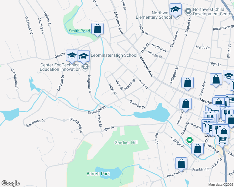 map of restaurants, bars, coffee shops, grocery stores, and more near 17 Daley Street in Leominster