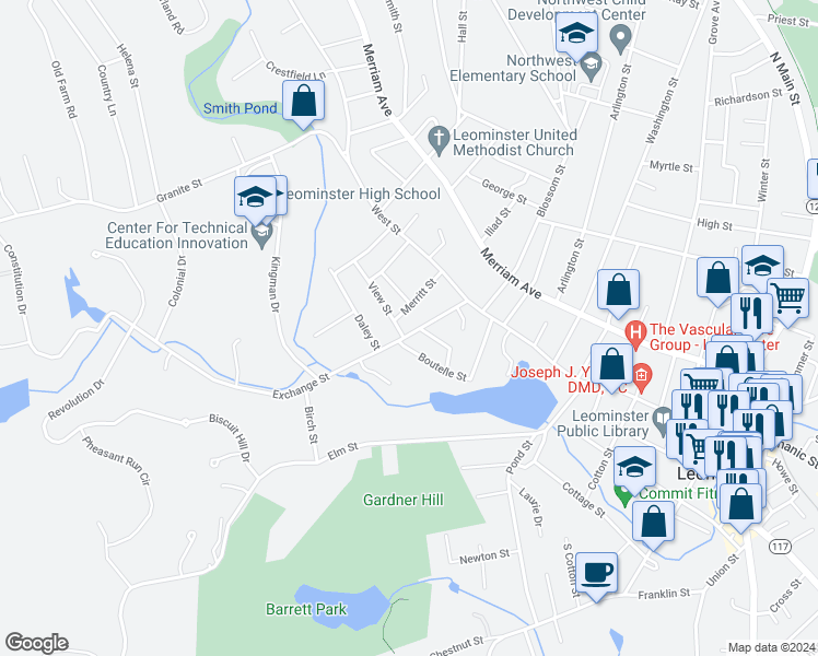 map of restaurants, bars, coffee shops, grocery stores, and more near 47 Exchange Street in Leominster