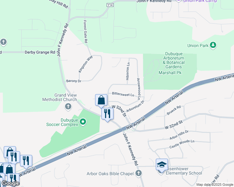 map of restaurants, bars, coffee shops, grocery stores, and more near 3237 Bittersweet Lane in Dubuque