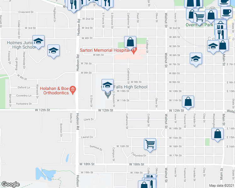map of restaurants, bars, coffee shops, grocery stores, and more near 1206 West 10th Street in Cedar Falls